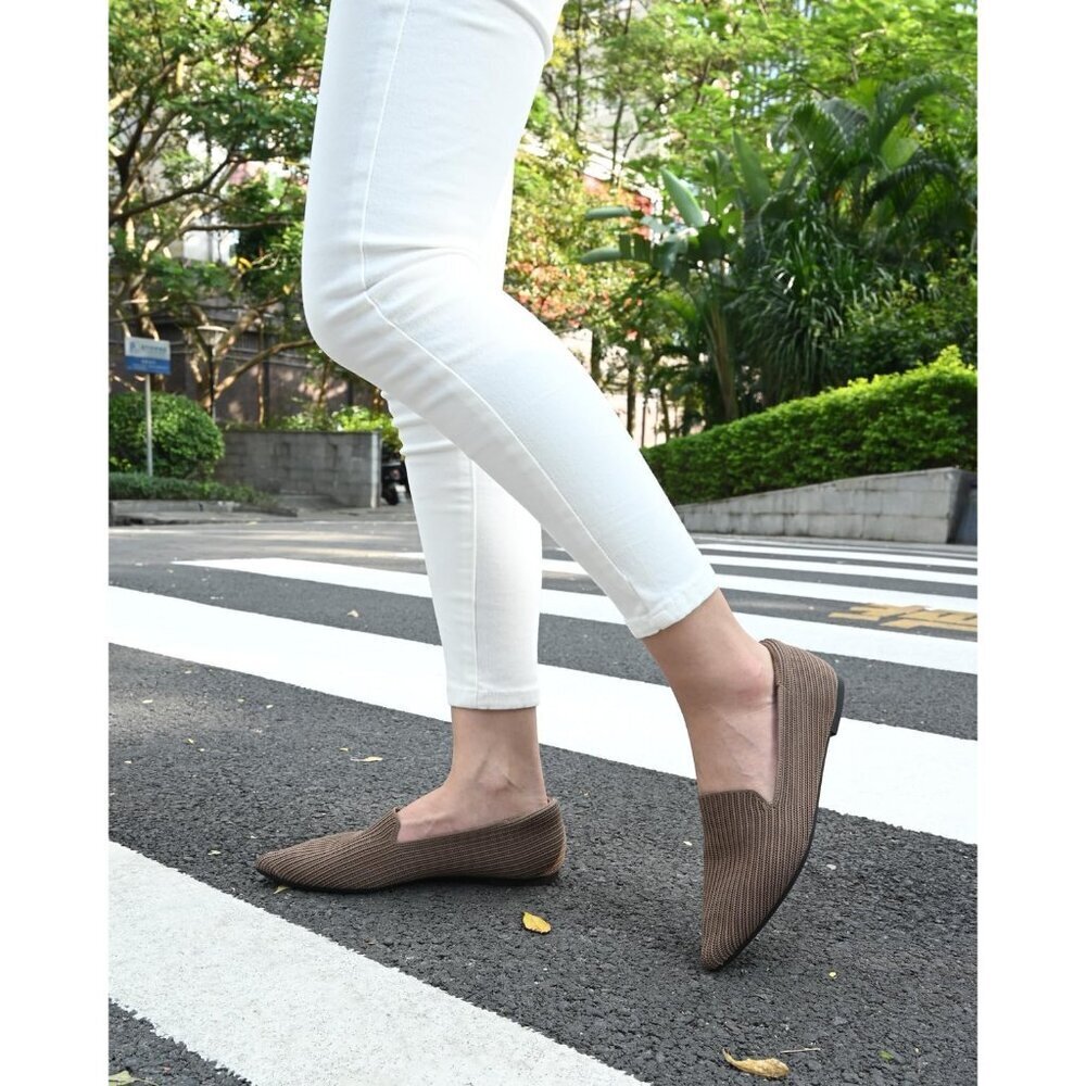 Brown Faux Suede Slip-On Knit Ballet Flats for Dressy Casual Office Work - Picture 7 of 8